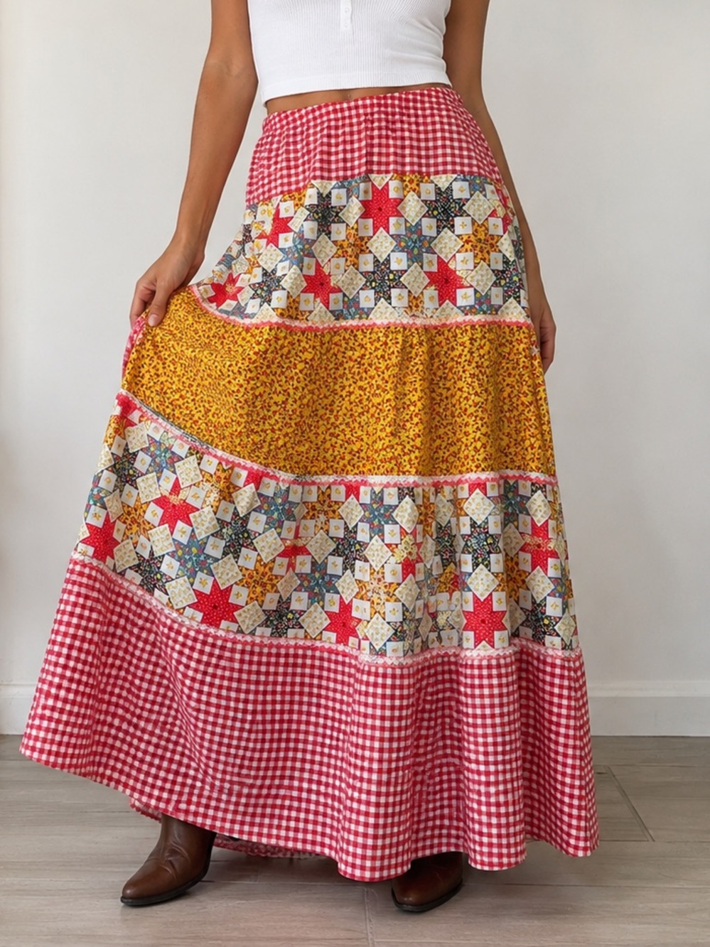 Vintage Handmade Patchwork Prairie Maxi Skirt Red Gingham/ floral quilt Print